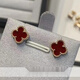 Fat Donglai same style four-leaf clover 18K gold same style red agate for women simple light luxury inlaid mother-of-pearl plated Chinese Valentine's Day 9mm red agate stud earrings (rose gold)