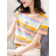 Camiseta de manga corta a rayas de verano de NY-RCE para el nuevo estilo coreano de mujeres, versátil y versátil con rayas a media manga tostada 1DS009 Pink Blue Strip + 9764 White 2xl