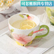Silent Noel light luxury style ceramic cup, home hand-painted pastoral breakfast cup, milk cup, good-looking coffee cup, drinking cup, spring blossoms, boxed with cherry blossom golden spoon)