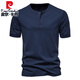 Pierre cardin European and American elastic Henry neck short-sleeved T-shirt men's youth summer casual personality large-size solid color half-sleeved T-shirt trendy light gray L 125-140Jin [Jin equals 0.5 kg]
