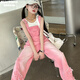 Girls Spring Suit 2025 New American Retro Big Children's Overalls Fashionable Autumn and Summer Girls Two-piece Set Trendy Pink Overalls 150cm