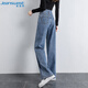 JEANSWEST jeans for women in autumn, high-waisted, slim and tall, straight-leg floor-length wide-leg long pants for women, dark blue L