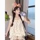 
Meidai meets the cute little cherry girl pajamas suspenders cotton linen thin 2024 new small home clothing set 841* small cherry floral set M