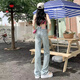 AEMAPE浅色高腰刺绣牛仔裤女春秋季2025新款直筒宽松垂感显瘦拖地阔腿裤 浅蓝色长裤 9926# M