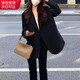 Quetong Small Suit Jacket Women's 2025 Early Spring and Autumn Women's Small and High-end Fashion New Korean Style Casual Suit Top Black XL Recommended 130Jin Jin is equal to about 0.5kg