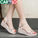 卡帝乐鳄鱼（CARTELO）真皮坡跟凉鞋女2025夏季新品中跟厚底时尚一字带松糕凉鞋夏季百搭 杏色5厘米 36