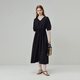 Fan Silan 23FS12595 French lazy waist pleated dress mid-length five-point lantern sleeve skirt Black S