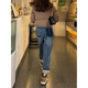 Cotton plus velvet thickened retro straight jeans for women in autumn and winter new high-waisted loose slim harem casual pants retro blue 8668 plus velvet high quality 38 L 105-120Jin Jin is equal to 0.5 kg