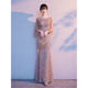 Zhufan high-end annual meeting female host dress evening girl 2025 new sequined temperament light luxury niche fishtail toast dress khaki M