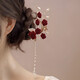 Half red rose tassel hairpin, high-end U-shaped hairpin for women, ancient style cheongsam, bride toasting dress, headdress, red rose tassel hairpin, gold