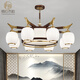 Kupfer Herzholz Reim neuer chinesischer Stil Kronleuchter Wohnzimmer Massives Holz Lampe moderne einfache schwarze Walnussvilla-Lampe Schlafzimmer Festholz Chinesische Stil Lantern J9721-6+1 Kopf [mit drei Farben Glühbirne]