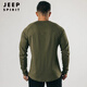 JEEP SPIRIT Retro Heavy Henley Long Sleeve T-Shirt Solid Color Sports Fitness Bottoming Shirt Men's Pure Cotton Stretch Thin V-Neck Cardigan Army Green 2XL