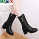 Cartelo True Cuero suave Botas de tubo de medio de cuero Femenado e invierno Nuevas botas de martin calientes Martin Heel Tacón grueso Botas de algodón para mujeres Botas de nieve Brown 37
