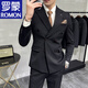 ROMON anti-wrinkle and iron-free casual double-breasted suit for groom, men's slim-fit double-slit small suit, lapel collar formal suit, double-breasted black one-piece suit S