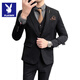 Playboy striped suit men's three-piece slim fit business casual plus size handsome suit male groom wedding dress dark gray suit XL (suit + vest + trousers)