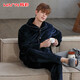 Hancai Pajamas Men's Flannel Autumn and Winter Plus Velvet Thickened Cardigan Couple Coral Velvet Men's Home Clothing Set Black Zhangqing 2XL