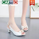卡帝乐鳄鱼（CARTELO）鱼嘴凉鞋女夏2024新款一字带蝴蝶结高跟鞋韩版大码中跟粗跟女鞋子 米白色 38