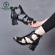 Pic 2025 Sandales romaines d'été pour femmes, talons épais, talons hauts à poisson, bottes courtes creux, chaussures en cuir à mi-nœuds, noir 37