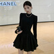 LeCali Hepburn style dress for spring and autumn with ballet princess style tutu skirt bottoming half turtleneck little black dress Hepburn style dress XL without pearl chain