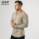 JEEP SPIRIT Retro Heavy Henley Long Sleeve T-Shirt Solid Color Sports Fitness Bottoming Shirt Men's Pure Cotton Stretch Thin V-Neck Cardigan Army Green 2XL