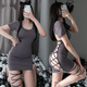 Large size lace up leopard print sexy panties uniform set temptation nightgown hip skirt short skirt nightclub outfit sex toy black + thong