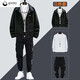 gxmy denim jacket men's spring and autumn new trendy casual sports jacket set men's set matching clothes men's fashion 2801 khaki + versatile white T+Y11 pants XL [120-140Jin [Jin equals 0.5 kg]]