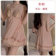 
French romantic lace suspender nightgown for women with autumn and winter chest pad underwear sexy sexy pajamas P3886 shrimp powder robe + belt All size