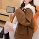 Modal Parker Jacket Women's 2025 Autumn and Winter New Velvet Thickened Cotton Clothes Loose Fashionable Lazy Style Casual Cotton Clothes Brown Velvet Thickened M Recommended 100-115 Jin Jin equals 0.5 kg