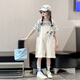 Mokitoul Girl Summer Armband Shorts Set Children's 2025 Neue große Kinder Mädchen modische Sommermode koreanische Outfit Hellblau T+ Overalls (High-End-Geschenkboxverpackung) 40 cm2 1 1