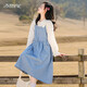 
Sugar Cube Girl Cowboy Strap Skirt Spring and Autumn Clothing Pure Cotton Skirt Junior High School Student Autumn Clothing Big Children High School Student Dress Over the Knee 9905 Single Skirt L