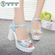 
Woodpecker 2025 new rhinestone fish-mouth shoes for women summer thick sole sponge cake Korean version waterproof platform high heel one-line buckle thick heel sandals blue upgraded version 37