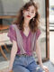 
VDVFL women's top 2024 new style women's summer fashionable French purple violet striped spliced ​​v-neck short sleeve purple 3892 M