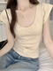 Jin Biao quiere una camiseta de manga corta delgada de cuello en U para mujeres 2024 Summer Nuevo esclavículo elegante Camisa negra corta Top 1391# White M M