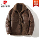 Pierre Cardin Brown Suede Jacket Men's Fur One-piece Plus Velvet Thickened Lamb Wool Jacket Trendy Large Size Motorcycle Leather Jacket Brown M (Easy to Wear)