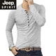 Jeep Spirit Spring- und Herbst-Herren-Mode-Knopf-Ling Langarm T-Shirt European und American Casual Henry Kragen Basishemd Top Herren Mode neue Khaki Referenz Details Größe S (empfohlene Höhe 165cm-170 cm)