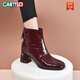 卡帝乐鳄鱼（CARTELO）切尔西靴漆皮女鞋2025新款春秋真皮短靴女中粗跟百搭马丁靴 卡其色单里 34