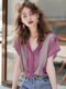 
VDVFL women's top 2024 new style women's summer fashionable French purple violet striped spliced ​​v-neck short sleeve purple 3892 M
