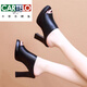 卡帝乐鳄鱼（CARTELO）粗跟高跟凉鞋女2025夏季新款仿真皮鱼嘴拖鞋外穿防水台一字拖 黑色888 37