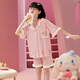 曼妮朵女童睡衣夏季纯棉小女孩新款儿童家居服宝宝开衫短袖短裤套装薄款 B4877绿【双短】 120cm 12码建议115-125cm