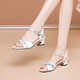 Woodpecker 24 new style new summer leather sandals for women's middle heel hollow fish-mouth shoes color-blocking one-line buckle versatile size 1 black sandals 37