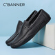 Qianbaidu 2025 men's toe layer sheepskin business casual leather shoes comfortable slip-on beanie shoes loafers black 40