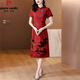 
Pierre cardin brand Xima Xiangyunsha dress for women 2025 new style mom temperament dress imitation silk modified cheongsam day red JY-9906 4XL
