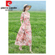 
Pierre cardin retro ethnic style women's long skirt summer age-reducing mother m mother suit lace waist slimming cotton linen dress floral dress 683 pink L