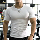 Lutielang short-sleeved tights men's fitness clothes elastic quick-drying muscle training running sports tops coaching clothes white M