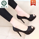 Woodpecker spring and autumn women's shoes super high heel 12cm nightclub waterproof platform sexy stiletto black versatile suede small size fish mouth single shoes black 10cm lace style 37