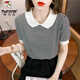 Cuello de muñeca rayada de carpintero Camiseta de miética de seda de hilo de altura de manga corta Sweet Sweater Sweater Sweater delgada pequeña DX691# Amarillo S RECOMENDO 80-100JIN [Jin iguala 0.5 kg]