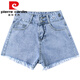 Pierre Cardin Denim-Shorts für Frauen im Sommer koreanischer Stil hoher Taille tragen lockere Breauzier-Hose A-Line Hot Hosen 9926# Blue XL [115-125jin [Jin gleich 0,5 kg] gute Qualität]