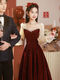 Flashing girl toast dress bride petite burgundy can usually wear gauze sleeves engagement dress out of the pavilion banquet home dress for women burgundy long sleeves long style M