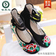 Woodpecker Old Beijing cloth shoes for women with high-end ethnic style embroidered shoes with wedge ox tendon soles for women single shoes for mother shoes square dance shoes Caifeng black 37