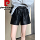Pierre Cardin Leather Shorts Autumn and Winter Casual Pants Women's Loose Slim Elastic Waist PU Leather Pants Versatile High Waist Wear Wide Leg Pants Boot Pants Flower Bud Style 2XL